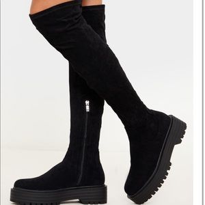 Black platform thigh high sock boot, size 7.5